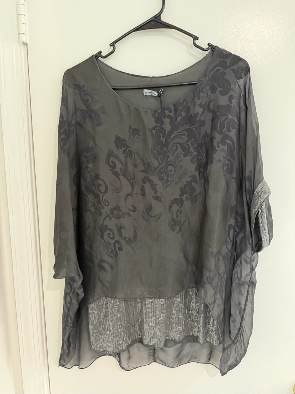 Tempo Paris Silk Paisley Sheer Tunic Top M Sequin Trim Gray Boho Y2K Whimsigoth